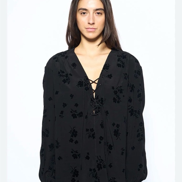 Zadig & Voltaire Tops - Zadig & Voltaire Tamala Black Floral Lace-Up V-Neck Women's top tunic size xxs